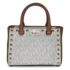 Michael Kors Kellen Studded Satchel MK Signature Vanilla Brown Leather